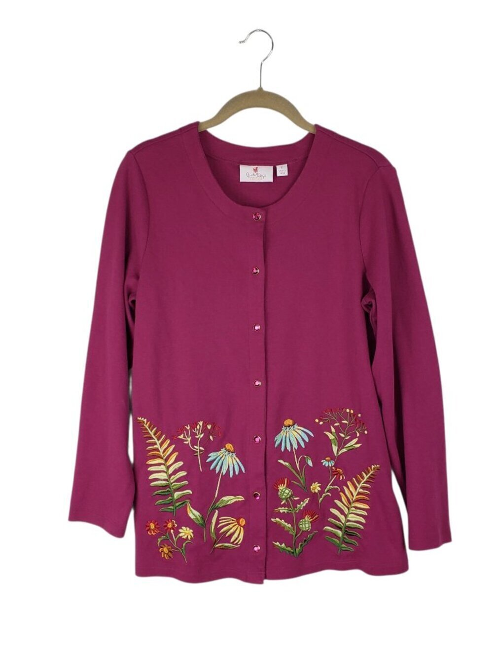 Quacker Factory Embroidered Wild Flower Top Snap Front Magenta Womens Small Quac